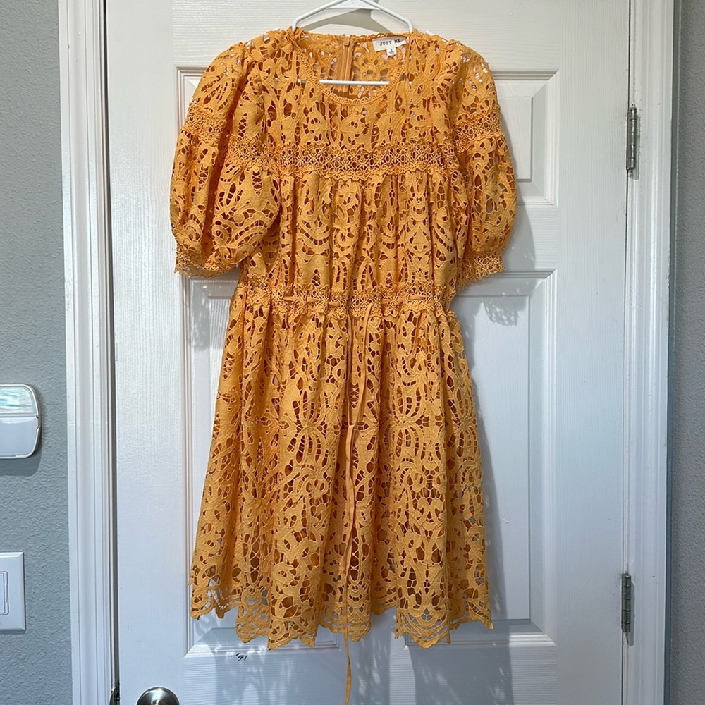 VICI yellow lace tie waist dress